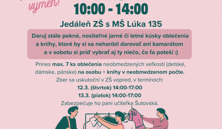 Fotka - SWAP oblečenie jar / leto a knihy - 14.3.2026 - jedáleň ZŠ s MŠ Lúka - 10:00-14:00 hod.