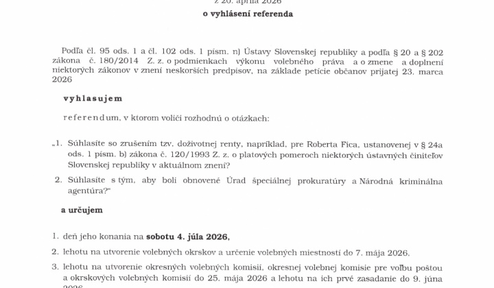 Fotka - Vyhlásenie referenda na deň 4.7.2026
